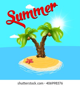 Summer holiday. Palm tree on the island. Vector, palm and the island. Relax on the beach.  Palm trees. Vector illustration. Two palm-tree on the tropical island. Sunny palm beach. Isolated background.