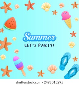 Summer holiday with paper cut style symbols and icons for greeting cards. Invitation background. Ideal for advertising, banners, cards, stickers, badges and illustration designs.