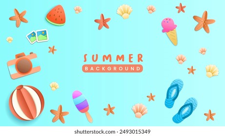 Vacaciones de verano con símbolos de corte de papel e iconos para tarjetas de felicitación. Fondo de invitación. Ideal para publicidad, Anuncios, tarjetas, pegatinas, insignias y diseños de ilustración.