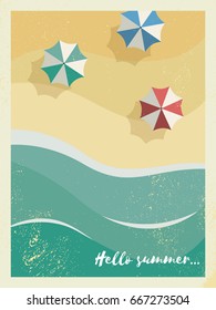 Summer holiday or party poster or postcard template with sunny sandy beach, sea with waves and umbrellas with vintage frame and typography. Eps10 vector illustration.