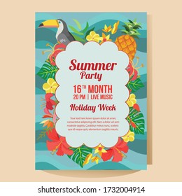 summer holiday party poster with tropical theme flat style vector illustration