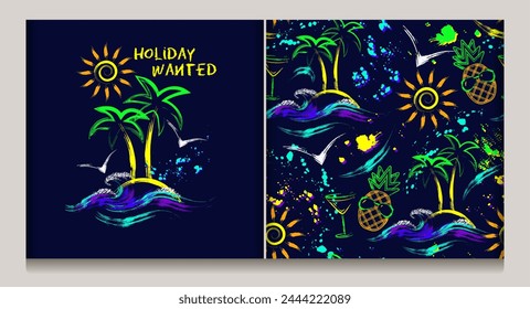 Summer holiday pattern, emblem with tropical island, sun icon, ocean waves, text. Paint brush strokes, splattered paint. Bright glowing neon fluorescent colors. Outline, contour illustrations
