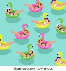 Summer holiday pattern. Girls with ginger, blond and black hair in straw  hats and colorful swimsuits swimming on the colorful inflatable flamingos in the pool