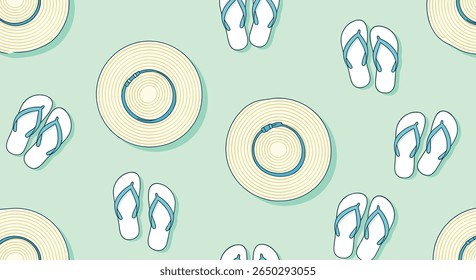 Summer Holiday Pattern with Straw Hats and Flip Flops a Tropical Theme