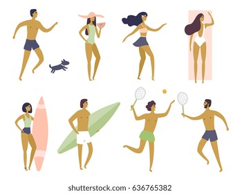 Summer holiday. People having fun on the beach. People dancing, play in the tennis, run with dog, sunbathe, relaxing. Surfer girl and boy. Isolated vector cartoon illustrations. Funny characters