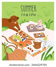 Summer holiday picnic card. Cozy outdoor lunch, breakfast with food, snack, croissant, coffee cup on blanket, cute dog on grass. Relaxing, resting in nature, park with pet. Flat vector illustration