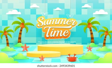 Podio de vacaciones de verano con símbolos de estilo de corte de papel e iconos para tarjetas de felicitación. Fondo de invitación. Ideal para publicidad, Anuncios, tarjetas, pegatinas y tarjetas de felicitación.
