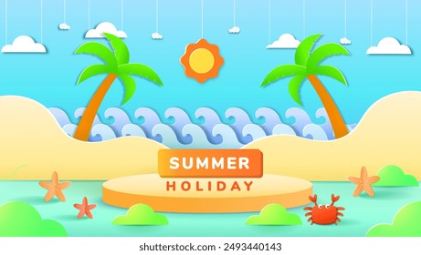 Summer holiday podium with paper cut style symbols and icons for greeting cards. Invitation background. Ideal for advertising, banners, cards, stickers and greeting card.
