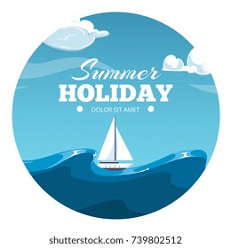 Summer holiday postcard design. Sea illustration with sample text and sail boat vector