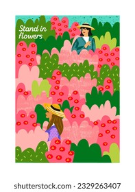 Summer holiday poster. Abstract banner with blooming pink flowers and young women in garden. Characters walking on flower nature. Vacation and relaxation concept. Cartoon flat vector illustration