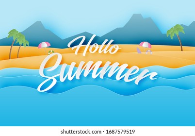 Summer holiday poster or banner with beach and sea wave in paper cut style.