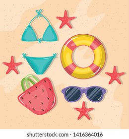 summer holiday poster with bikini and icons