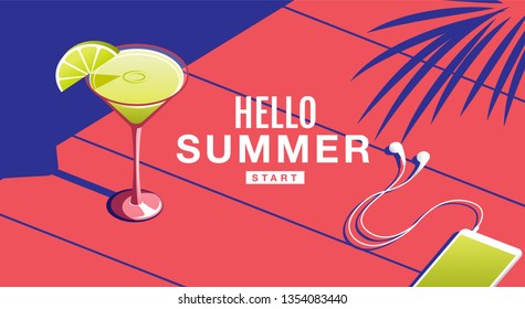 Summer Holiday, Poster , Cocktail, Banner, sunshine ,Vector Illustration.