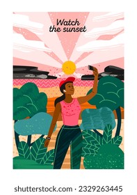 Summer holiday poster. Colorful banner with girl who stopped to take picture of beautiful sunset. Background with smiling character and pink evening sky with sun. Cartoon flat vector illustration
