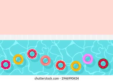Summer holiday poster design. Life ring, floating buoy swimming in wavy water swimming pool banner background. kid pool toys watermelon, donut, print graphic design