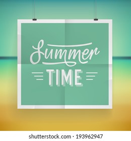 Summer holiday poster design on tropical beach background. Vector eps10.