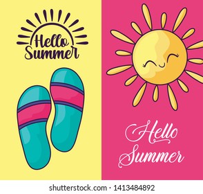 summer holiday poster with flip flops and sun kawaii