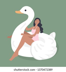 
Summer holiday poster with a floating girl on an inflatable swan. Trendy cartoon girl