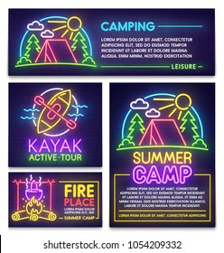 Summer holiday poster, flyer and banner template. Style sign neon. Kayak tour, emblem and label. Summer camping. Bright signboard, light banner.  Vector illustration.