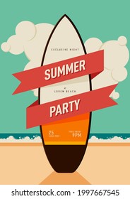 Summer holiday poster and party invitation design template background decorative with surfboard flat design. Can be used for print, publication; brochure, leaflet, flyer, banner, vector illustration