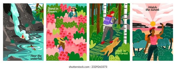 Cartel de las vacaciones de verano. Banderas con carácter relajante en la naturaleza en el bosque tropical y jardín de flores. Las personas nadan en un estanque con cascada, meditan y hacen senderismo. Ilustraciones del vector plano de dibujos animados