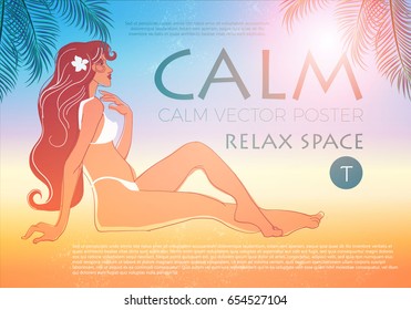 Summer Holiday Poster Template with a Smiling Girl, Shining Sun, Palm Leaves, Sea and a Beach. Vacation Relax. Tropical Trip. Hot Travel Sale Flyer Design. Vector illustration