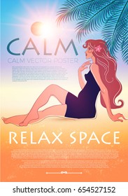 Summer Holiday Poster Template with a Smiling Girl, Shining Sun, Palm Leaves, Sea and a Beach. Vacation Relax. Tropical Trip. Hot Travel Sale Flyer Design. Vector illustration