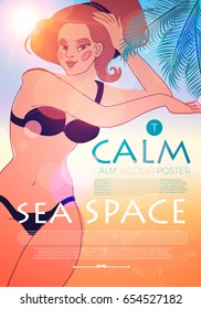 Summer Holiday Poster Template with a Smiling Girl, Shining Sun, Palm Leaves, Sea and a Beach. Vacation Relax. Tropical Trip. Hot Travel Sale Flyer Design. Vector illustration