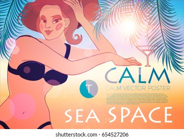 Summer Holiday Poster Template with a Smiling Girl, Shining Sun, Palm Leaves, Sea and a Beach. Vacation Relax. Tropical Trip. Hot Travel Sale Flyer Design. Vector illustration