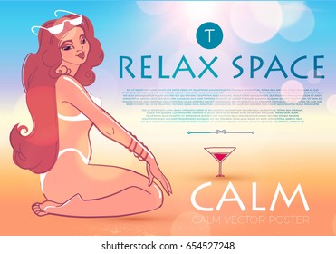 Summer Holiday Poster Template with a Smiling Girl, Shining Sun, Palm Leaves, Sea and a Beach. Vacation Relax. Tropical Trip. Hot Travel Sale Flyer Design. Vector illustration