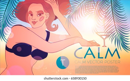 Summer Holiday Poster Template with a Smiling Girl, Shining Sun, Palm Leaves, Sea and a Beach. Vacation Relax. Tropical Trip. Hot Travel Sale Flyer Design. Vector illustration
