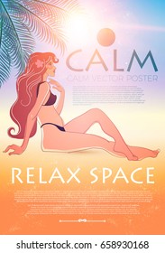 Summer Holiday Poster Template with a Smiling Girl, Shining Sun, Palm Leaves, Sea and a Beach. Vacation Relax. Tropical Trip. Hot Travel Sale Flyer Design. Vector illustration