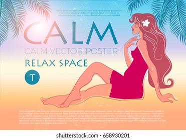 Summer Holiday Poster Template with a Smiling Girl, Shining Sun, Palm Leaves, Sea and a Beach. Vacation Relax. Tropical Trip. Hot Travel Sale Flyer Design. Vector illustration