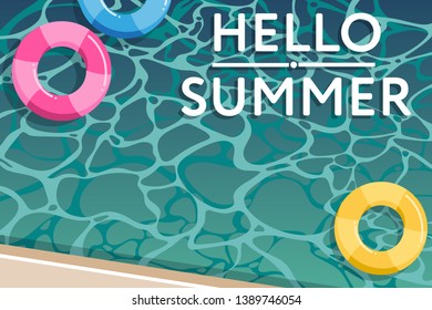 Summer holiday poster template with swimming life ring in the pool and Hello Summer text. Promotion of summer holiday, recreation. Vector illustration. 