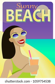 Summer Holiday poster vector design with a beautiful young woman sipping a cocktail on a beach