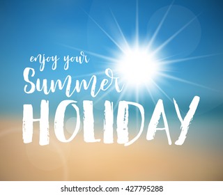 Summer holiday poster vector template with hot sun and abstract beach in the background. 