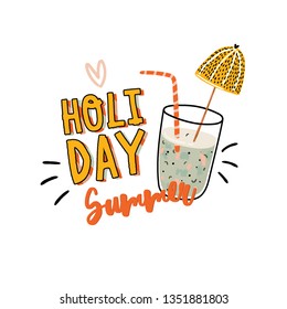 Summer holiday print with cute elements and lettering isolated on white background.  Hand drawn trendy style. Vector. Good for invitations, banners, posters, cards and flyers