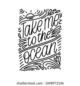 Cita veraniega de diseño vectorial con Lleve a la letra manuscrita del océano. Corto dicho sobre pasar las vacaciones en la playa, cerca del agua con sol, olas doodle clíparte