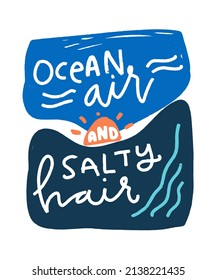 En verano cita el diseño vectorial con aire oceánico y el cabello salado letra manuscrita. Brisa marina y dibujo abstracto al atardecer para camisetas u otras marcas de ropa.
