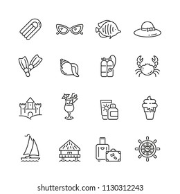 Summer and holiday related icons: thin vector icon set, black and white kit