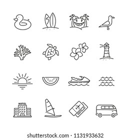 Summer and holiday related icons: thin vector icon set, black and white kit