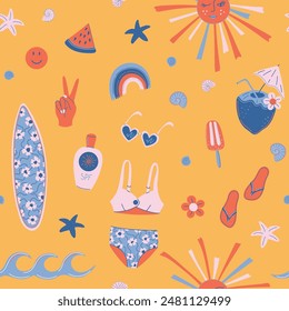 Summer holiday retro style seamless pattern. Beach vacation symbols - bikini, sunglasses, surfboard, coconut, seashells. Cute 70s aesthetic summertime print. Flat style vector illustration.