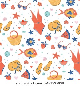 Summer holiday retro style seamless pattern. Beach vacation symbols - swimwear, sunglasses, cocktail, hat, seashells. Cool vintage summertime print. Flat style vector illustration.
