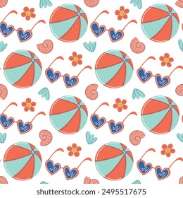 Summer holiday retro style seamless pattern. Beach vacation symbols - ball, sunglasses, seashells. Cute 60s and 70s aesthetic summertime print. Flat style vector illustration.
