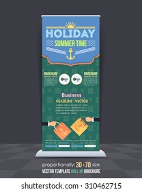 Summer Holiday Roll-Up Banner, Advertising Vector Design. Flat Style Hands Hold Shopping Bags Illustration