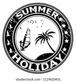 Summer holiday rubber stamp with palm tree and surfer silhouette