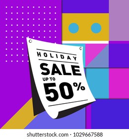 Summer and holiday sale with colorful memphis style web banner. Fashion and travel discount poster. Vector holiday abstract colorful illustration with special offer and promotion.