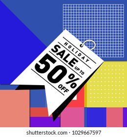 Summer and holiday sale with colorful memphis style web banner. Fashion and travel discount poster. Vector holiday abstract colorful illustration with special offer and promotion.