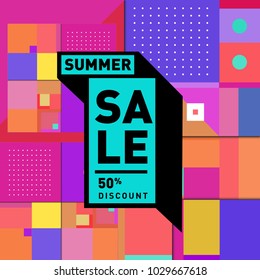 Summer and holiday sale with colorful memphis style web banner. Fashion and travel discount poster. Vector holiday abstract colorful illustration with special offer and promotion.