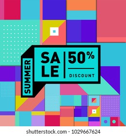 Summer and holiday sale with colorful memphis style web banner. Fashion and travel discount poster. Vector holiday abstract colorful illustration with special offer and promotion.